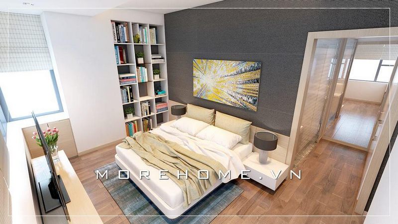 Mọi không gian trong căn phòng được tận dụng tối đa để thiết kế làm nơi lưu trữ đồ đạc, giường ngủ hiện đại được thiết kế thoáng phần chân giúp cho căn phòng thêm phần thoáng đãng